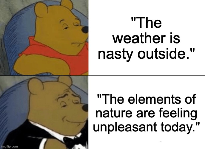 how common people say it vs. how rich people say it |  "The weather is nasty outside."; "The elements of nature are feeling unpleasant today." | image tagged in memes,tuxedo winnie the pooh,weather,funny,oh wow are you actually reading these tags,stop reading the tags | made w/ Imgflip meme maker