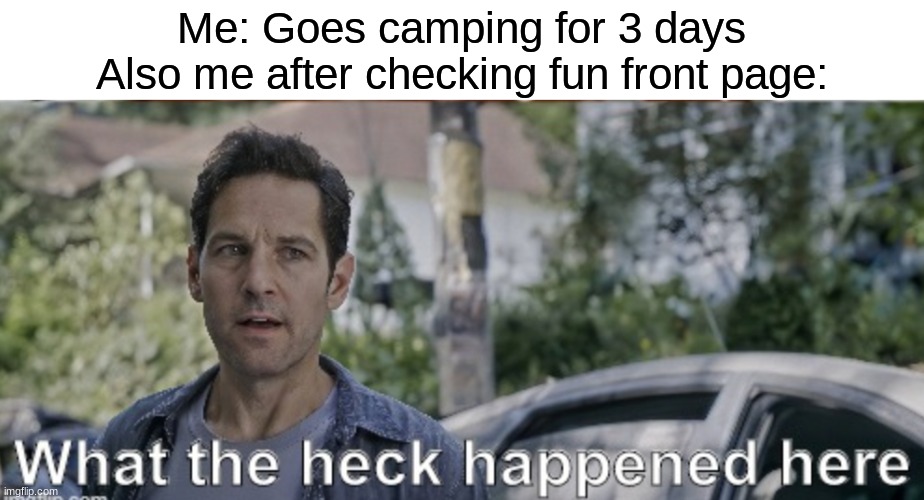 Im talking about the meme that "fixes racism" by getting upvotes | Me: Goes camping for 3 days
Also me after checking fun front page: | image tagged in antman what the heck happened here,fun,frontpage | made w/ Imgflip meme maker