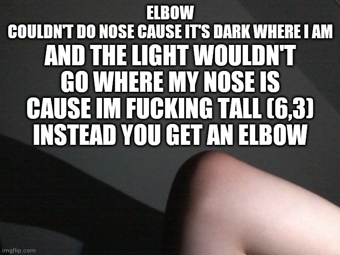 Elbow reveal | ELBOW
COULDN'T DO NOSE CAUSE IT'S DARK WHERE I AM; AND THE LIGHT WOULDN'T GO WHERE MY NOSE IS
CAUSE IM FUCKING TALL (6,3)
INSTEAD YOU GET AN ELBOW | image tagged in yourlocalgay,elbow | made w/ Imgflip meme maker