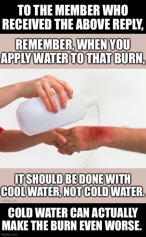 TO THE MEMBER WHO RECEIVED THE ABOVE REPLY, COLD WATER CAN ACTUALLY MAKE THE BURN EVEN WORSE. | made w/ Imgflip meme maker