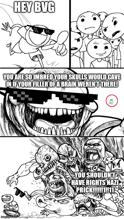 Hey Internet | HEY BVG; YOU ARE SO IMBRED YOUR SKULLS WOULD CAVE IN IF YOUR FILLER OF A BRAIN WEREN'T THERE! YOU SHOULDN'T HAVE RIGHTS NAZI PRICK!!!!!!1!!11 | image tagged in memes,hey internet | made w/ Imgflip meme maker