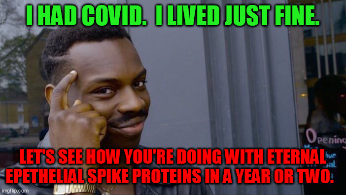 Roll Safe Think About It Meme | I HAD COVID.  I LIVED JUST FINE. LET'S SEE HOW YOU'RE DOING WITH ETERNAL EPETHELIAL SPIKE PROTEINS IN A YEAR OR TWO. | image tagged in memes,roll safe think about it | made w/ Imgflip meme maker