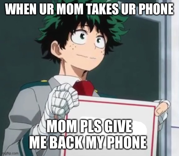 Deku holding a sign | WHEN UR MOM TAKES UR PHONE; MOM PLS GIVE ME BACK MY PHONE | image tagged in deku holding a sign | made w/ Imgflip meme maker