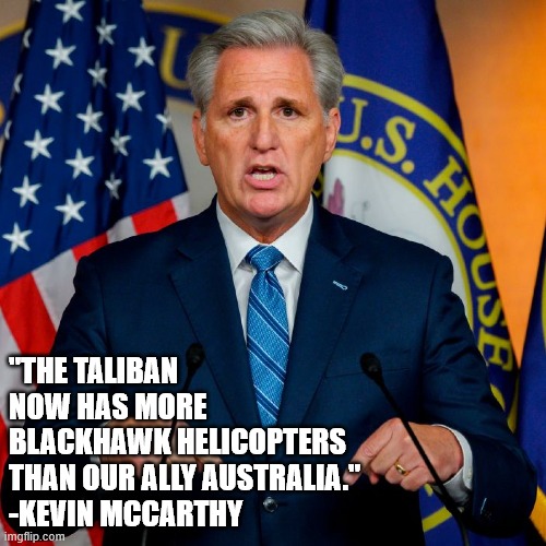 Taliban has more Blackhawks than Australia | "THE TALIBAN NOW HAS MORE
BLACKHAWK HELICOPTERS
THAN OUR ALLY AUSTRALIA."
-KEVIN MCCARTHY | image tagged in taliban,joe biden,afghanistan | made w/ Imgflip meme maker