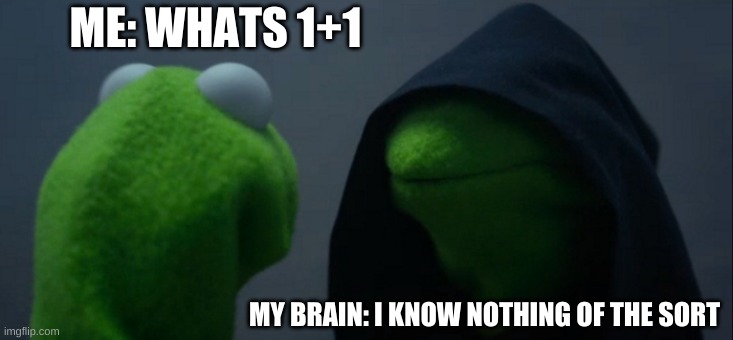 o-o | ME: WHATS 1+1; MY BRAIN: I KNOW NOTHING OF THE SORT | image tagged in memes,evil kermit | made w/ Imgflip meme maker