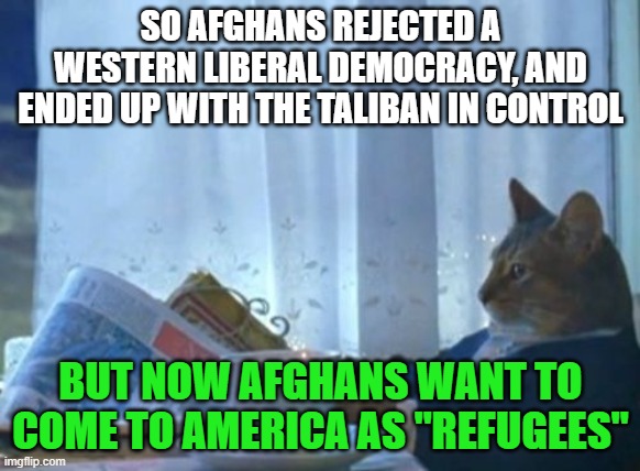 We Are Full | SO AFGHANS REJECTED A WESTERN LIBERAL DEMOCRACY, AND ENDED UP WITH THE TALIBAN IN CONTROL; BUT NOW AFGHANS WANT TO COME TO AMERICA AS "REFUGEES" | image tagged in memes,i should buy a boat cat,afghanistan,refugees,america | made w/ Imgflip meme maker