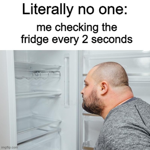 I mean, its true... | Literally no one:; me checking the fridge every 2 seconds | image tagged in guy looking at fridge,funny memes,fun,so true memes | made w/ Imgflip meme maker