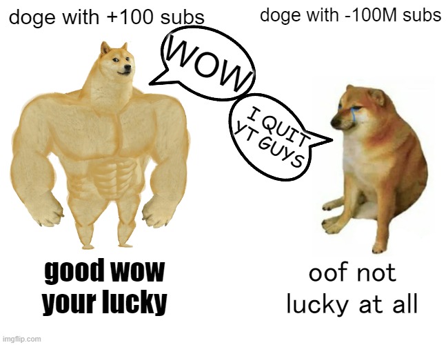 cheems is unlucky lol | doge with +100 subs; doge with -100M subs; WOW; I QUIT YT GUYS; good wow
your lucky; oof not lucky at all | image tagged in memes,buff doge vs cheems | made w/ Imgflip meme maker