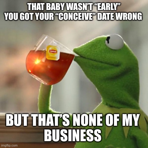 Sorry, not sorry | THAT BABY WASN’T “EARLY” YOU GOT YOUR “CONCEIVE” DATE WRONG; BUT THAT’S NONE OF MY 
BUSINESS | image tagged in memes,but that's none of my business,kermit the frog | made w/ Imgflip meme maker