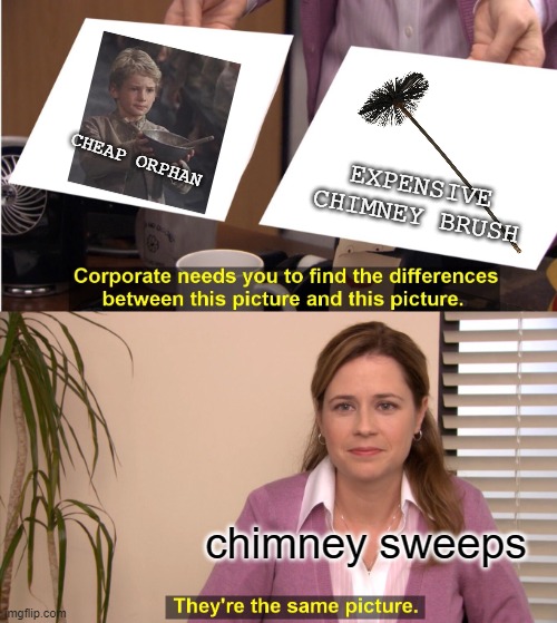 chimney sweeps | CHEAP ORPHAN; EXPENSIVE CHIMNEY BRUSH; chimney sweeps | image tagged in memes,they're the same picture,historical meme | made w/ Imgflip meme maker