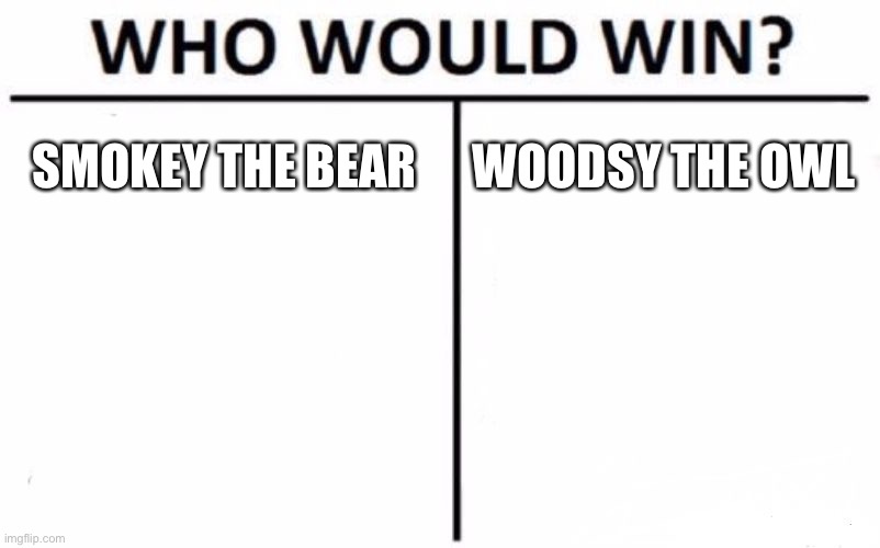 Gen x gives a hoot about actual funny memes | SMOKEY THE BEAR; WOODSY THE OWL | image tagged in memes,who would win | made w/ Imgflip meme maker