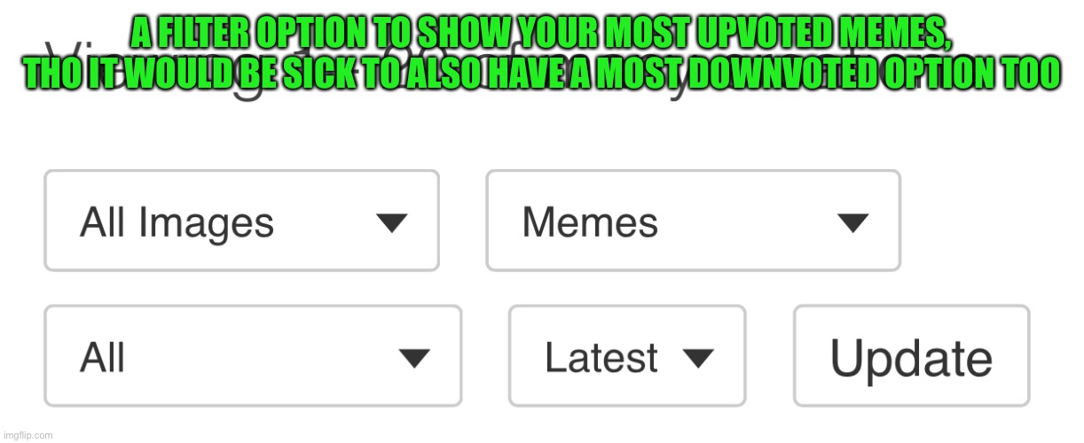 Things that would be sweet | A FILTER OPTION TO SHOW YOUR MOST UPVOTED MEMES, THO IT WOULD BE SICK TO ALSO HAVE A MOST DOWNVOTED OPTION TOO | image tagged in randomness | made w/ Imgflip meme maker