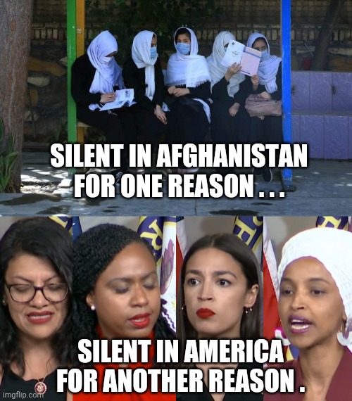 Politics for sure | SILENT IN AFGHANISTAN FOR ONE REASON . . . SILENT IN AMERICA FOR ANOTHER REASON . | image tagged in afghanistan,musilm,burka,aoc,talib,omar | made w/ Imgflip meme maker
