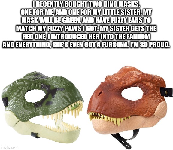 She loves scalies and rabbitsonas. | I RECENTLY BOUGHT TWO DINO MASKS, ONE FOR ME, AND ONE FOR MY LITTLE SISTER. MY MASK WILL BE GREEN, AND HAVE FUZZY EARS TO MATCH MY FUZZY PAWS I GOT. MY SISTER GETS THE RED ONE, I INTRODUCED HER INTO THE FANDOM AND EVERYTHING, SHE'S EVEN GOT A FURSONA. I'M SO PROUD. | made w/ Imgflip meme maker