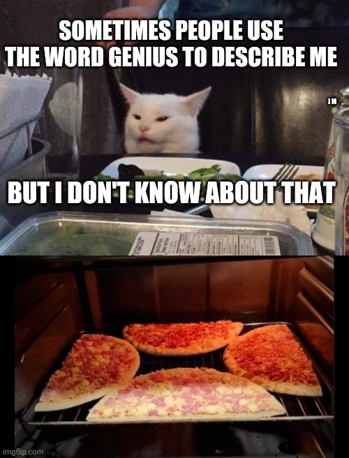 SOMETIMES PEOPLE USE THE WORD GENIUS TO DESCRIBE ME; J M; BUT I DON'T KNOW ABOUT THAT | image tagged in salad cat | made w/ Imgflip meme maker
