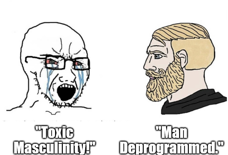 AntiCivilization Slurring | "Man Deprogrammed."; "Toxic Masculinity!" | image tagged in soyboy vs yes chad,toxic masculinity,strong man,masculine,masculinity,strong men | made w/ Imgflip meme maker
