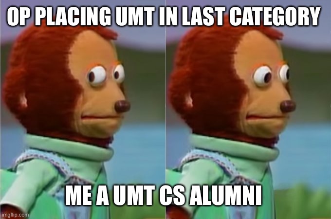 Awkward look away | OP PLACING UMT IN LAST CATEGORY; ME A UMT CS ALUMNI | image tagged in awkward look away | made w/ Imgflip meme maker