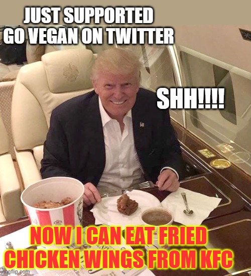 Hypocrisy | JUST SUPPORTED
GO VEGAN ON TWITTER; SHH!!!! NOW I CAN EAT FRIED CHICKEN WINGS FROM KFC | image tagged in kfc,vegan,hypocrisy,govegan,real,climate change | made w/ Imgflip meme maker