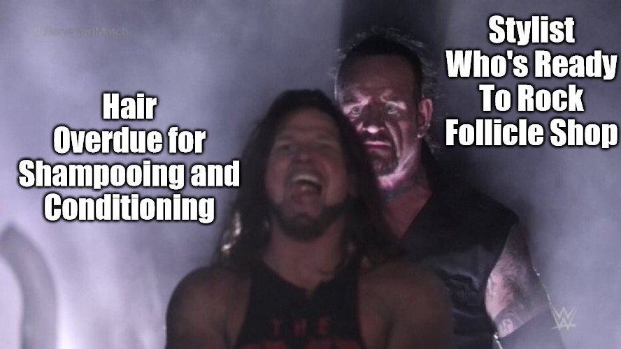 Can't Keep a Good Manbun Down | Stylist Who's Ready To Rock Follicle Shop; Hair Overdue for Shampooing and Conditioning | image tagged in aj styles undertaker,wrestling,hair,barber,salon,bad hair day | made w/ Imgflip meme maker