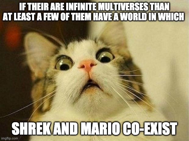 im still awake |  IF THEIR ARE INFINITE MULTIVERSES THAN AT LEAST A FEW OF THEM HAVE A WORLD IN WHICH; SHREK AND MARIO CO-EXIST | image tagged in memes,scared cat | made w/ Imgflip meme maker