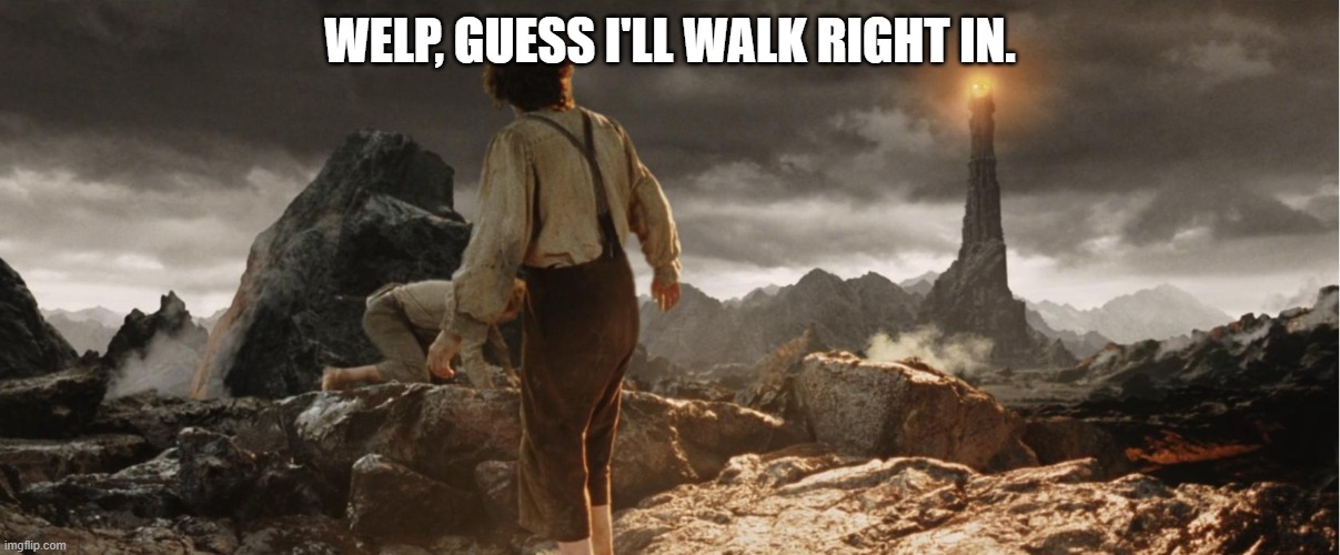 Frodo at Mordor | WELP, GUESS I'LL WALK RIGHT IN. | image tagged in frodo at mordor | made w/ Imgflip meme maker