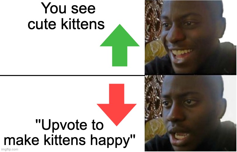 Disappointed Black Guy | You see cute kittens ''Upvote to make kittens happy'' | image tagged in disappointed black guy | made w/ Imgflip meme maker