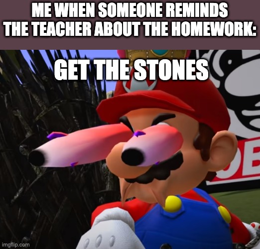 staring mario | ME WHEN SOMEONE REMINDS THE TEACHER ABOUT THE HOMEWORK: GET THE STONES | image tagged in staring mario | made w/ Imgflip meme maker