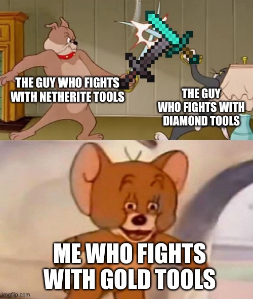 Gold is the worst with tools |  THE GUY WHO FIGHTS WITH NETHERITE TOOLS; THE GUY WHO FIGHTS WITH DIAMOND TOOLS; ME WHO FIGHTS WITH GOLD TOOLS | image tagged in tom and jerry swordfight,minecraft,gold,diamond,netherite | made w/ Imgflip meme maker