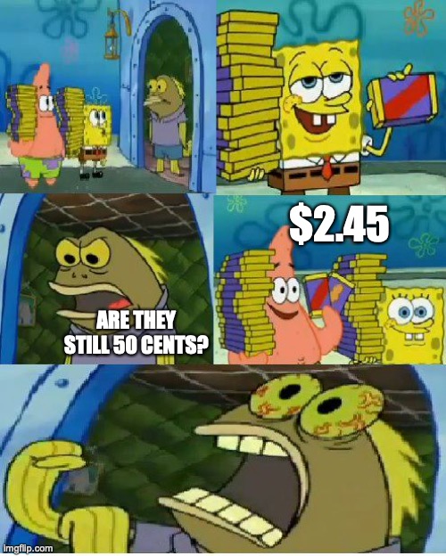 Chocolate Spongebob Meme | ARE THEY STILL 50 CENTS? $2.45 | image tagged in memes,chocolate spongebob | made w/ Imgflip meme maker