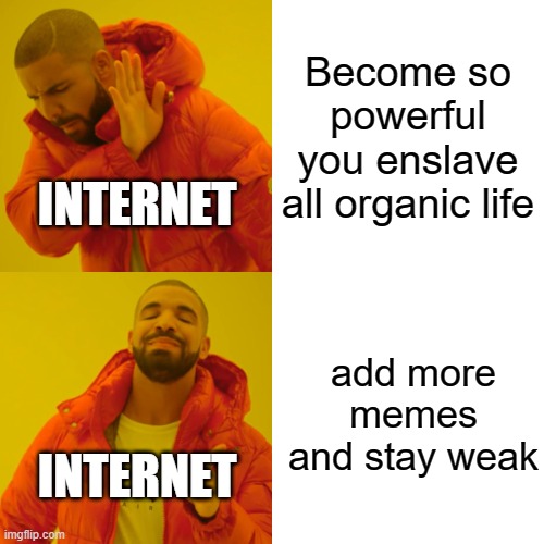 Drake Hotline Bling Meme | Become so powerful you enslave all organic life; INTERNET; add more memes and stay weak; INTERNET | image tagged in memes,drake hotline bling,internet,fun | made w/ Imgflip meme maker