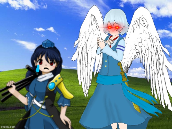 When Megumu Iizunamaru realizes that there's an angel taking on a similar name | image tagged in touhou,animeme,anime girl,angel,crying,windows xp | made w/ Imgflip meme maker