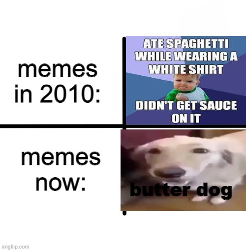 a mock meme |  memes in 2010:; memes now:; butter dog | image tagged in memes,blank starter pack | made w/ Imgflip meme maker