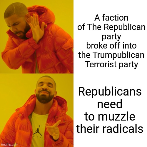 It's Not Going To End Itself | A faction of The Republican party broke off into the Trumpublican Terrorist party; Republicans need to muzzle their radicals | image tagged in memes,drake hotline bling,calm down,lock them up,radical,scumbag republicans | made w/ Imgflip meme maker