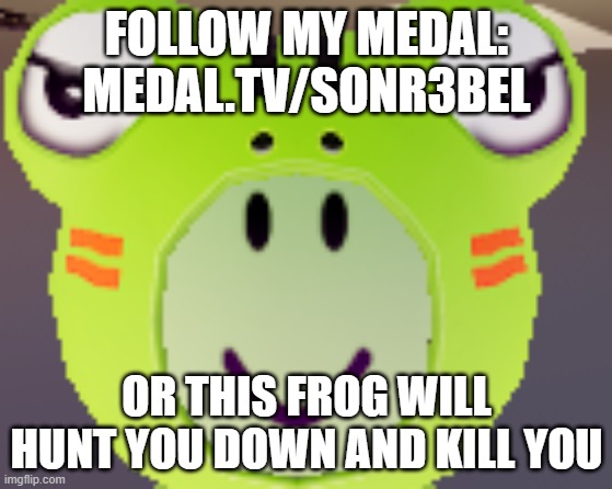 Follow my medal nerds | FOLLOW MY MEDAL: MEDAL.TV/SONR3BEL; OR THIS FROG WILL HUNT YOU DOWN AND KILL YOU | image tagged in funny | made w/ Imgflip meme maker