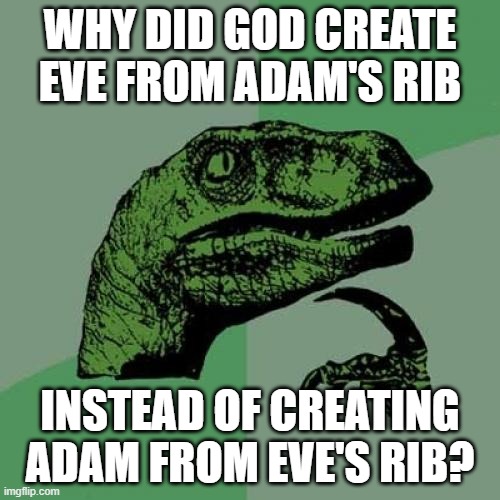 Philosoraptor Meme | WHY DID GOD CREATE EVE FROM ADAM'S RIB; INSTEAD OF CREATING ADAM FROM EVE'S RIB? | image tagged in memes,philosoraptor,christian | made w/ Imgflip meme maker