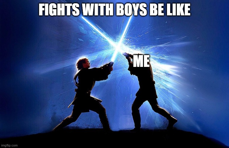 oh god | FIGHTS WITH BOYS BE LIKE; ME | image tagged in lightsaber battle | made w/ Imgflip meme maker
