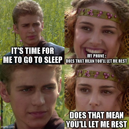 fun | IT'S TIME FOR ME TO GO TO SLEEP; MY PHONE :

DOES THAT MEAN YOU'LL LET ME REST; DOES THAT MEAN YOU'LL LET ME REST | image tagged in anakin padme 4 panel | made w/ Imgflip meme maker