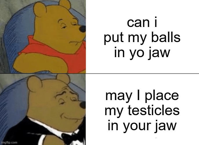 Tuxedo Winnie The Pooh | can i put my balls in yo jaw; may I place my testicles in your jaw | image tagged in memes,tuxedo winnie the pooh | made w/ Imgflip meme maker