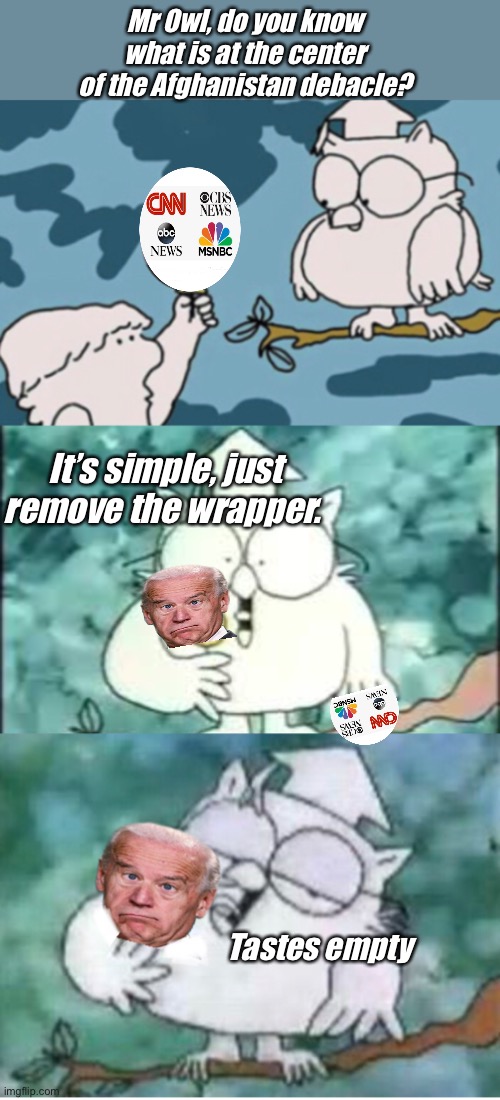 Remove the wrapper | Mr Owl, do you know what is at the center of the Afghanistan debacle? It’s simple, just remove the wrapper. Tastes empty | image tagged in tootsie pop owl,joe biden,politics lol,derp | made w/ Imgflip meme maker