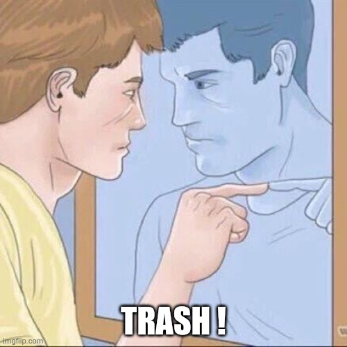 Pointing mirror guy | TRASH ! | image tagged in pointing mirror guy | made w/ Imgflip meme maker