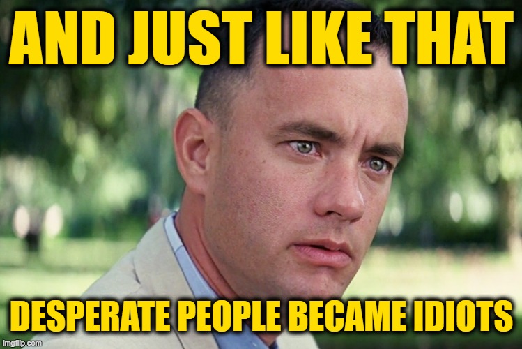 And Just Like That Meme | AND JUST LIKE THAT DESPERATE PEOPLE BECAME IDIOTS | image tagged in memes,and just like that | made w/ Imgflip meme maker