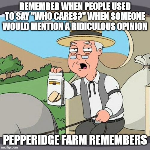 Pepperidge Farm Remembers | REMEMBER WHEN PEOPLE USED TO SAY "WHO CARES?" WHEN SOMEONE WOULD MENTION A RIDICULOUS OPINION; PEPPERIDGE FARM REMEMBERS | image tagged in memes,pepperidge farm remembers | made w/ Imgflip meme maker