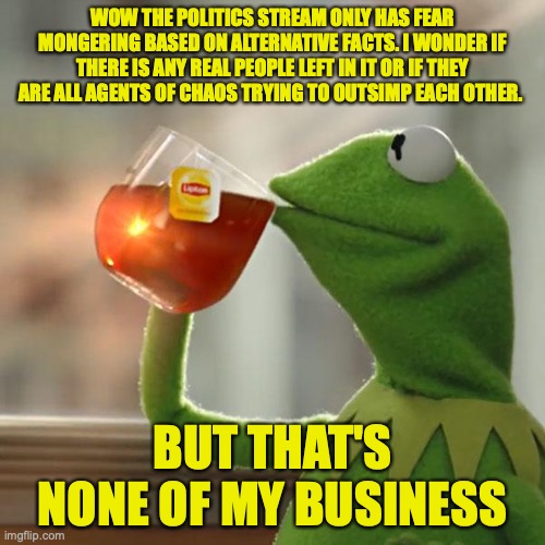 But That's None Of My Business | WOW THE POLITICS STREAM ONLY HAS FEAR MONGERING BASED ON ALTERNATIVE FACTS. I WONDER IF THERE IS ANY REAL PEOPLE LEFT IN IT OR IF THEY ARE ALL AGENTS OF CHAOS TRYING TO OUTSIMP EACH OTHER. BUT THAT'S NONE OF MY BUSINESS | image tagged in memes,but that's none of my business,kermit the frog | made w/ Imgflip meme maker