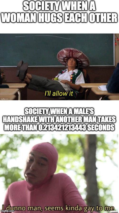 SOCIETY WHEN A WOMAN HUGS EACH OTHER; SOCIETY WHEN A MALE'S HANDSHAKE WITH ANOTHER MAN TAKES MORE THAN 0.213421213443 SECONDS | image tagged in i'll allow it | made w/ Imgflip meme maker
