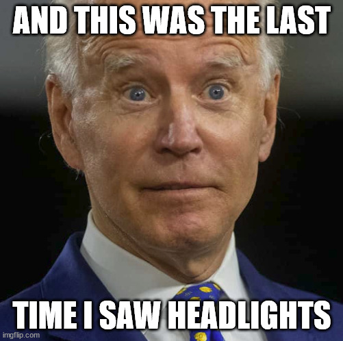 Biden in the headlights | AND THIS WAS THE LAST; TIME I SAW HEADLIGHTS | image tagged in deer in headlights,deer,headlights,biden,joe biden,creepy joe | made w/ Imgflip meme maker