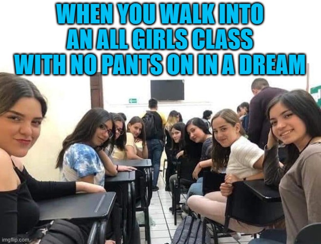 my reoccurring dream | WHEN YOU WALK INTO AN ALL GIRLS CLASS WITH NO PANTS ON IN A DREAM | image tagged in no pants,dream,school | made w/ Imgflip meme maker