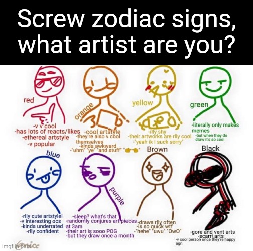 I'm green lmao | Screw zodiac signs, what artist are you? | image tagged in what kind of artist am i,artist,drawing | made w/ Imgflip meme maker