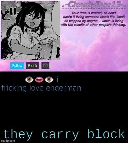 ae | 👁️👄👁️ i fricking love enderman; they carry block | image tagged in cloudy's tempo p | made w/ Imgflip meme maker