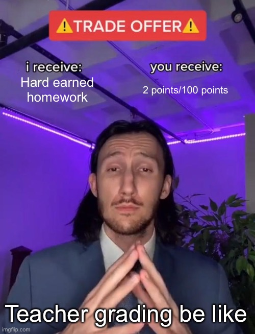 Teachers be like | Hard earned homework; 2 points/100 points; Teacher grading be like | image tagged in trade offer | made w/ Imgflip meme maker