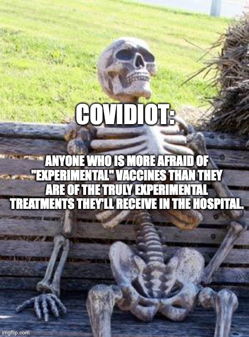 Covidiot | COVIDIOT:; ANYONE WHO IS MORE AFRAID OF "EXPERIMENTAL" VACCINES THAN THEY ARE OF THE TRULY EXPERIMENTAL TREATMENTS THEY'LL RECEIVE IN THE HOSPITAL. | image tagged in memes,waiting skeleton,covid-19,covidiot,covidiots,antivax | made w/ Imgflip meme maker